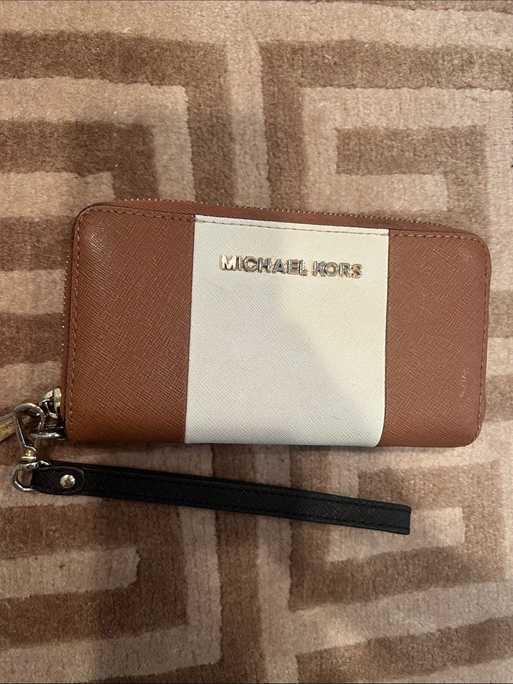 Michael Kors Brown and White Zip-Around Wristlet Wallet